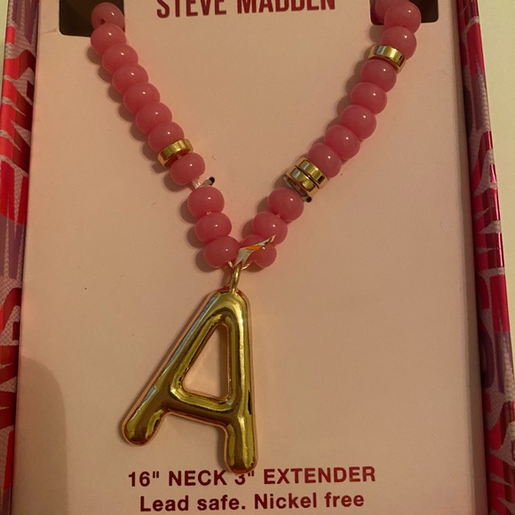 Steve Madden Jewelry - New- Steve Madden Pink Beaded Necklace with Gold 'A' Pendant